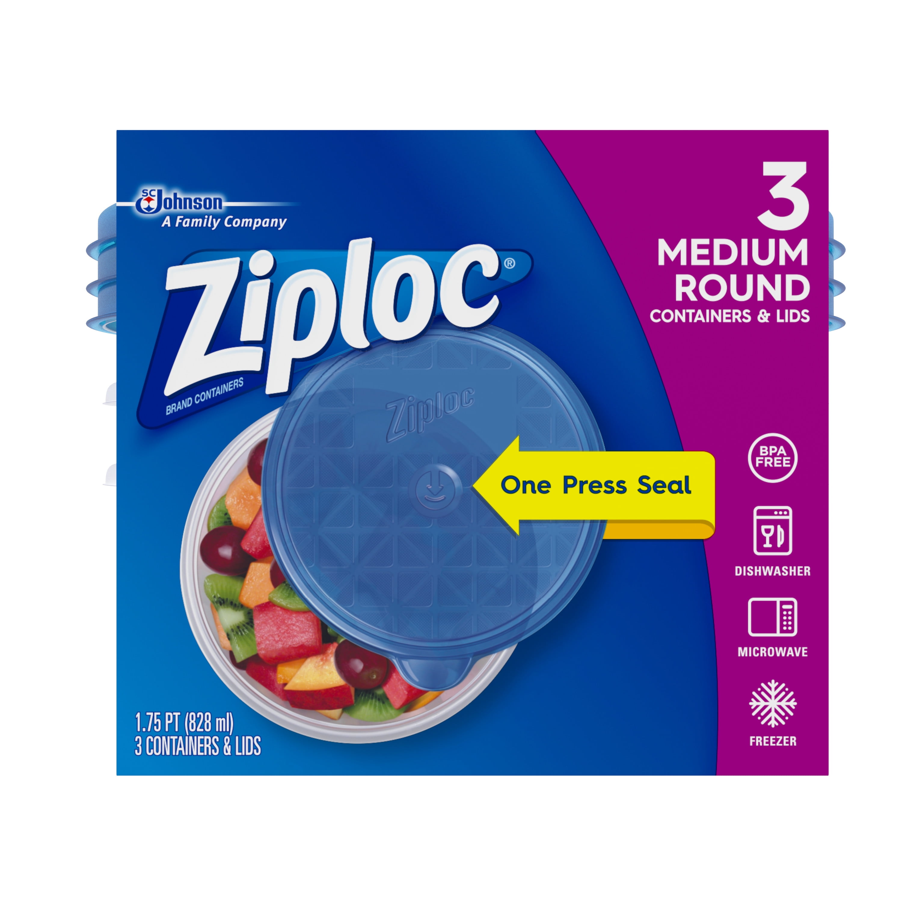 Ziploc Container with One Press Seal, Medium Round, 3 ct