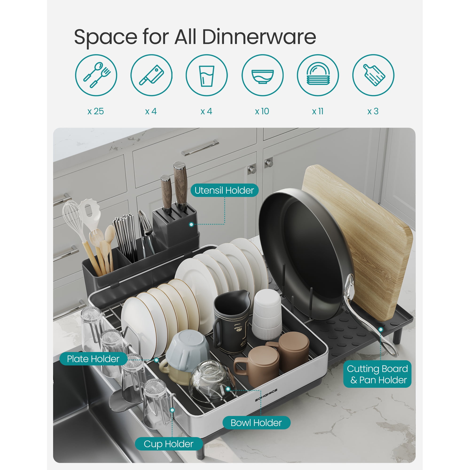 Expandable Dish Drying Rack for Kitchen Counter, Stainless Steel Dish Rack with Rotatable Spout, Utensil/Cup/Cutting Board Holders, Silver & Black