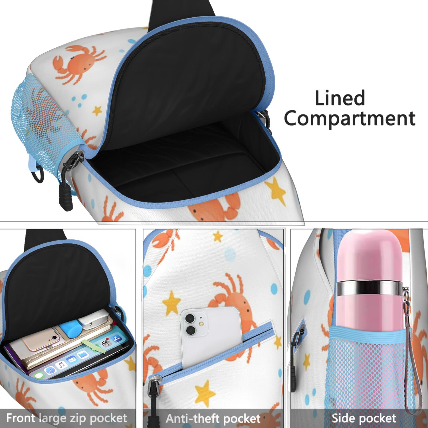 Marine Adorable Crab Crossbody Sling Bag for Women Men Travel Bag Trendy Sling Backpack Chest Bag Travel Hiking Casual Sport Daypack