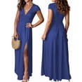 thumbnail image 3 of Women'S Deep V Neck Solid Color Pleated High Waist Slit Club Party Evening Long Maxi Dress Blue S, 3 of 7