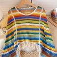 thumbnail image 4 of Sakmal Beige Fall Sweaters for Women Teacher Striped Crochet Cropped Tops Crew Neck Casual Sweaters for Women, 4 of 5