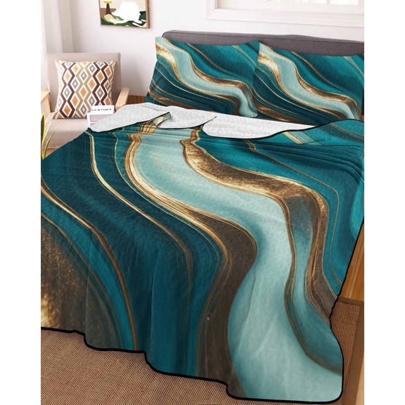 Teal Marble Twin Size Down Alternative Comforter, Lightweight Comforter Quilt Bedding Set with Pillow Shams Modern Abstract Gold Fluid Art All Seasons Bed Comforter Duvet Insert 68"x86"