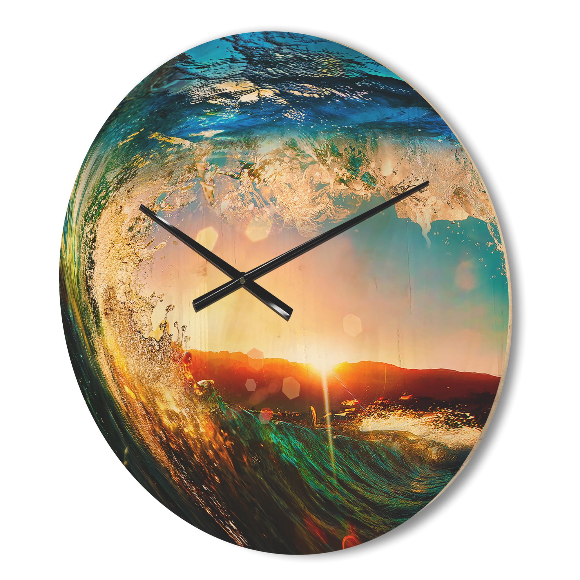 Designart 'Colored Ocean Waves Falling Down At Sunset' Modern Wood Wall Clock
