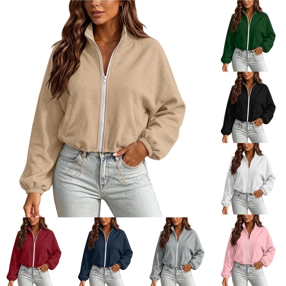Jamicy Womens Cropped Jackets Solid Color Zip Up Oversized Sweatshirts Winter Clothes Long Sleeve Crop Fall Outfits Fashion