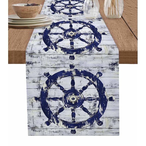 Navy Blue Rudder Coastal Table Runner 72 Inches, Nautical Beach Ocean Retro Bed Runner Dresser Scarves Tabletop for Indoor Outdoor Parties/Ceremony/Banquet, 16" x 72"