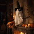 thumbnail image 4 of Halloween Flying Ghost Hanging Decoration, Satin Fabric Ghost with Witch Hat and Broom, Hanging Decor for Front Door, Porch, Tree, Yard and Indoor Outdoor Display White 27.56 x 31.5 Inch, 4 of 7