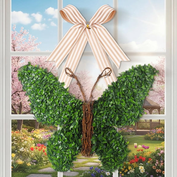 Petalfy 20 Inch Butterfly Shaped Wreath with Bow Spring Artificial Wreaths Farmhouse Door Sign for Indoor Outdoor Porch Front Door Mantels Fireplace Wedding Decor