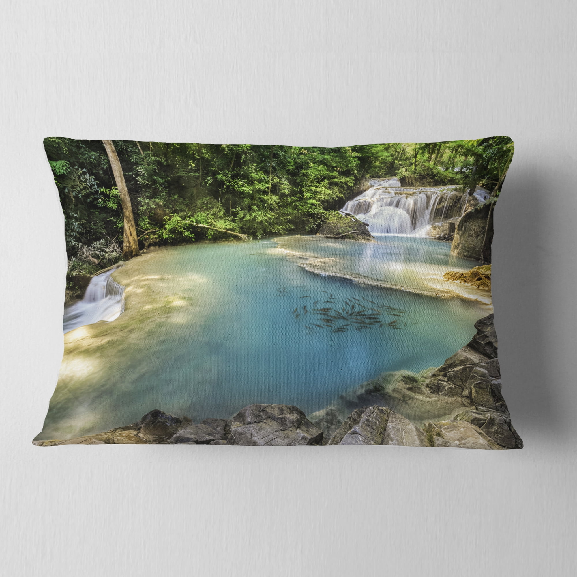 Designart Blue Erawan Waterfall - Landscape Photography Throw Pillow - 12x20
