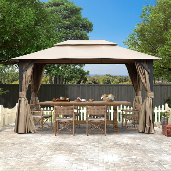 Mondawe 10x14FT Heavy Duty Metal Frame Outdoor Gazebo with Curtains & Mosquito Nettings,Brown