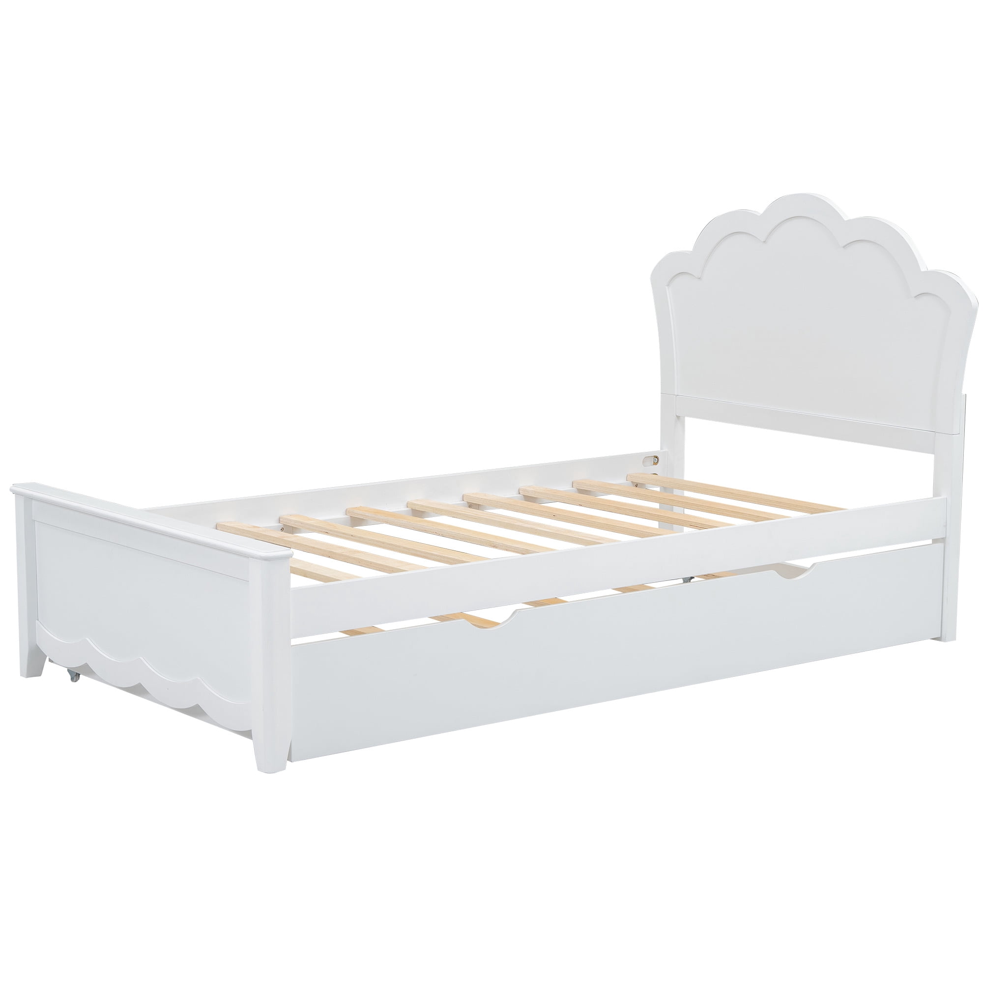 Euroco Wood Twin Size Platform Bed Frame, Heavy Duty Storage Bed with Trundle Bed for Kids and Adults, No Box Spring Needed, White