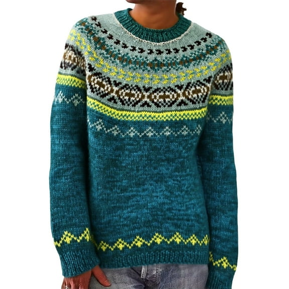 WTXUE Fair Isle Knitted Sweater Casual Loose Crewneck Long Sleeve Cropped Retro Pullover Sweaters Vintage Boho Lightweight Pullover Tops Fall Outfits Winter Warm Oversized Blouses Blackish Green L