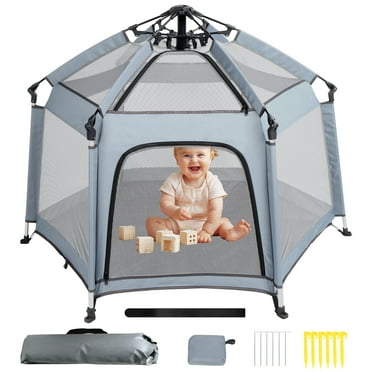 Baby Playpen, Indoor & Outdoor Playpen for Babies and Toddlers, Foldable Portable Baby Beach Tent with Canopy Travel Bag & Mosquito Net, Pop Up Pack and Play Tent(Gray)