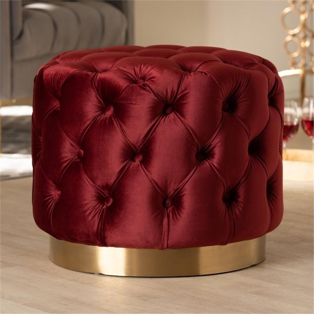 Valeria Glam Burgundy Red Velvet Fabric Upholstered Gold-Finished Button Tufted Ottoman