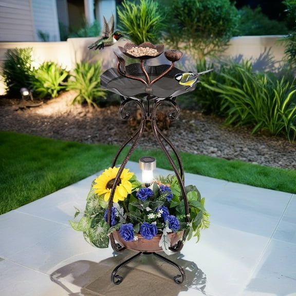 Pefilos 31" Outdoor Garden Bird Bath with Solar Light, Flower Planter Pedestal, Backyard Bird Feeder and Flower Planter, Brown
