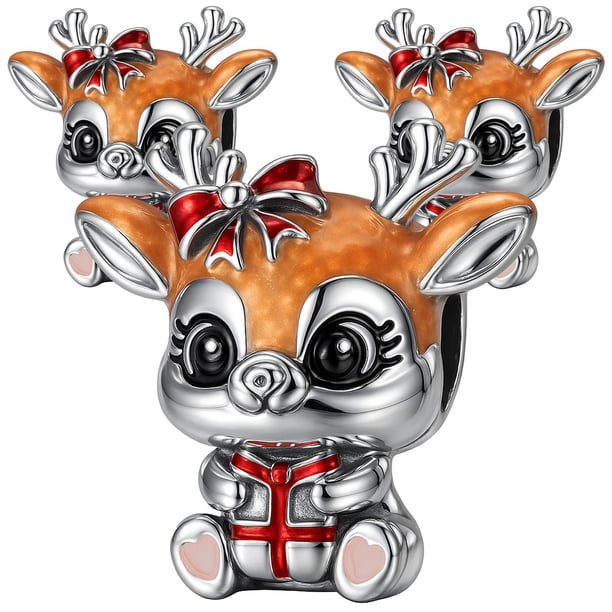 Charm navideño reno brillante CharmXmasDeer01 3Pzas Plata S925 Chapa Charm Separador Venado Varios/Plata.