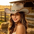 thumbnail image 2 of Woven Straw Western Cowboy Hat with Beaded Band, Unisex Wide Brim Sun Hat, Adjustable Chin Strap Summer Beach Headwear, 2 of 4
