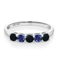 thumbnail image 2 of Gem Stone King 10K White Gold Black Onyx and Blue Created Sapphire 5 Stone Wedding Engagement Anniversary Promise Ring for Women (0.58 Cttw, Round 3MM, Gemstone December Birthstone, Size 9), 2 of 5