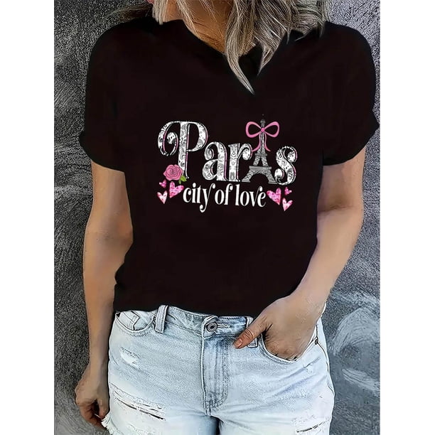 Camiseta Para Mujer Ropa De VeranoChic Paris Eiffel Tower & Floral Print Women's T-Shirt - Casual Crew Neck, Short Sleeve, Stretchy Polyester Blend, Machine Washable - Perfect for Summer, Creative,