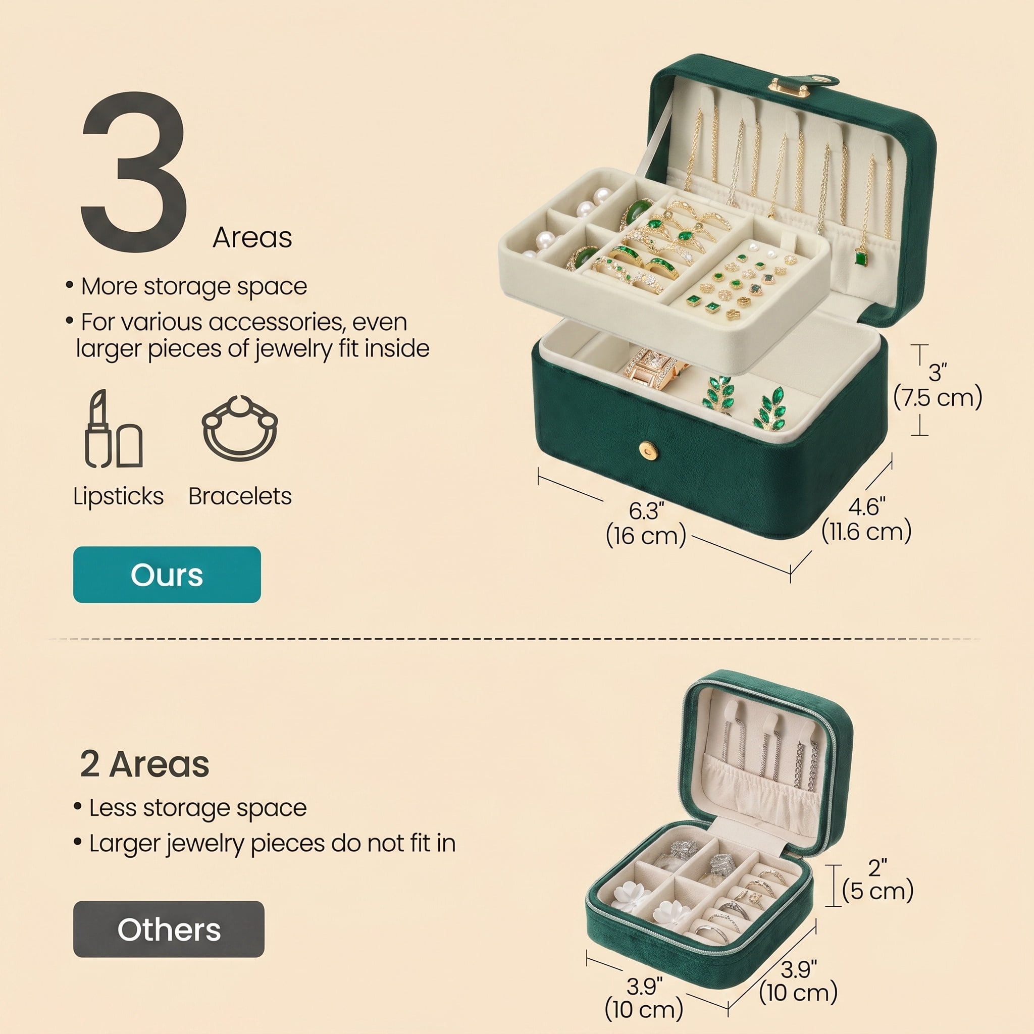 Nordic Hygge 2-Layer Portable Travel Jewelry Case, Retro Green Luxe Organizer