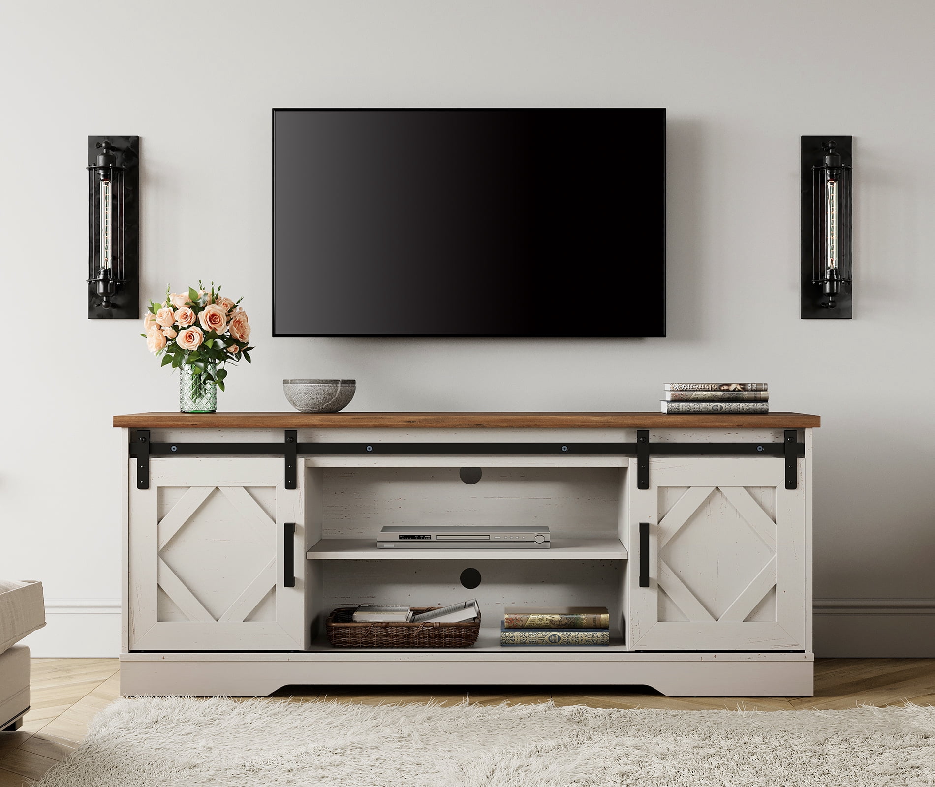 WAMPAT Farmhouse TV Stand with Sliding Barn Doors, Media Console with 3-Tier Adjustable Shelf for TVs up to 65", Rustic Wood Entertainment Center for Living Room,Cream White