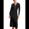 thumbnail image 2 of Vestido de Mujer de Larga con Cuello en V, Suéter de Punto Acanalado con Botones, Corte Entallado, Elegante, Hasta el Suelo Negro L, 2 of 8