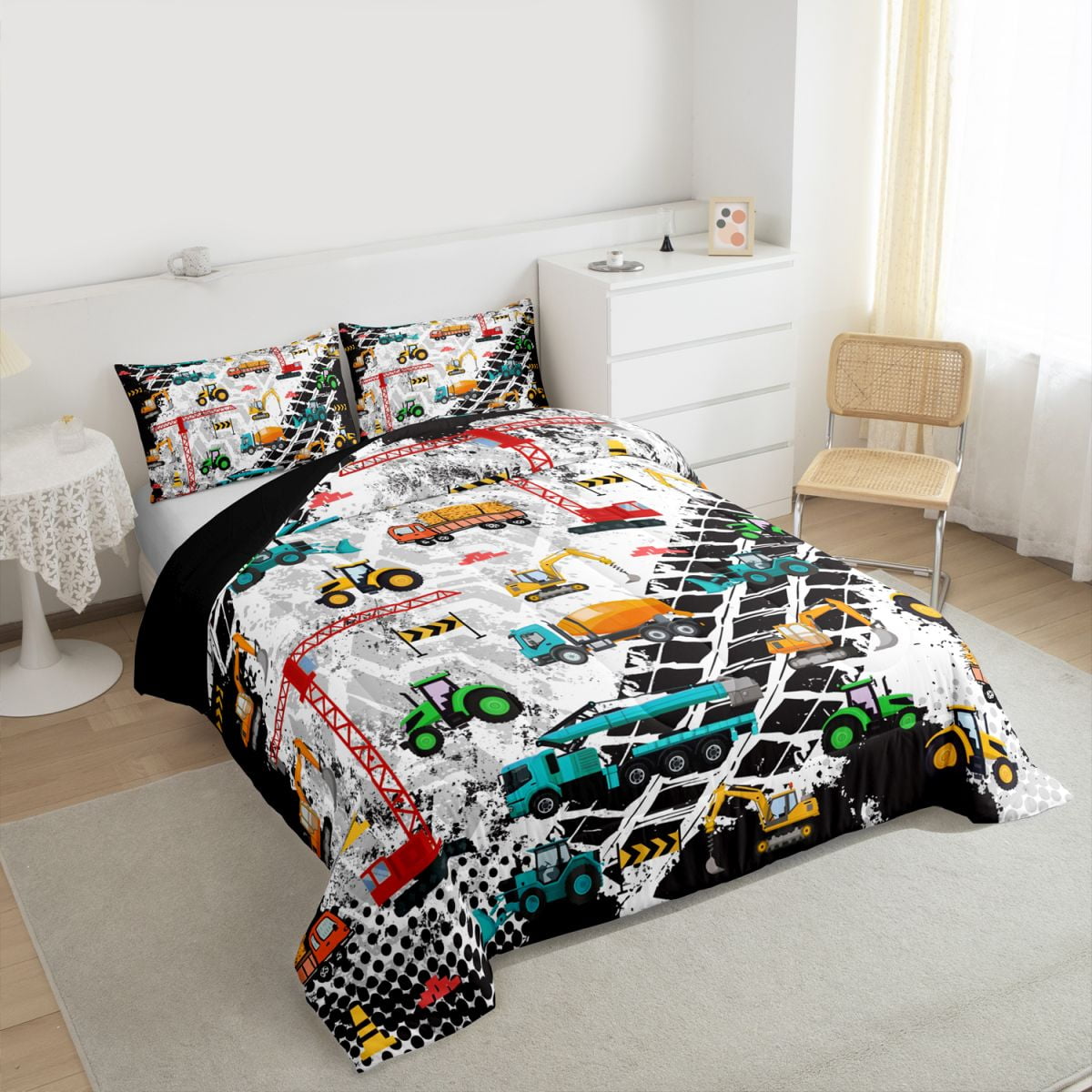 Manfei Cartoon Excavator Vehicle Queen Comforter Set,Equipment Truck Crane Bedding Sets,Retro Geometric Circle Bedding Comforter Set For Boys,Breathable Home Decor Reversible,3pcs