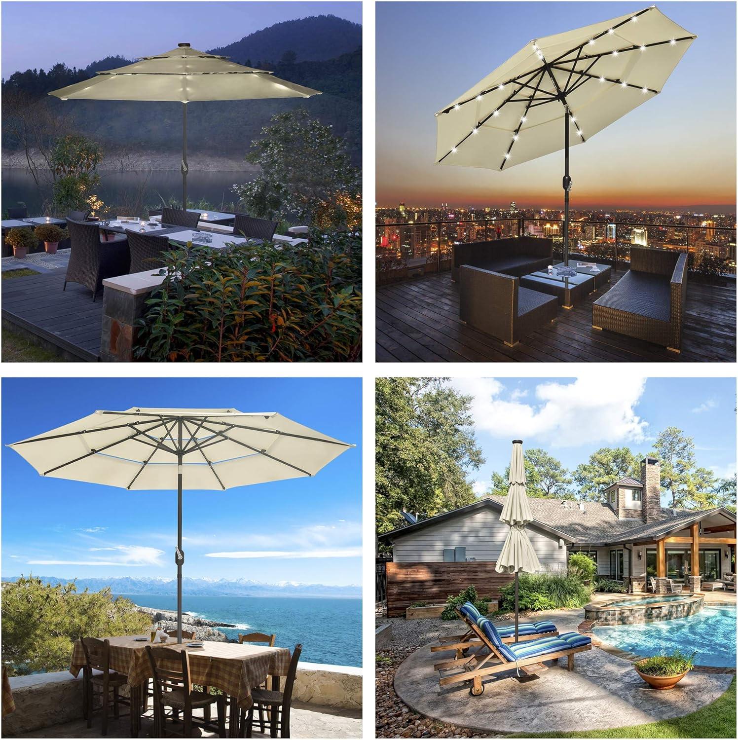 9ft Prelit Umbrella 3-Tiered Patio Umbrella with Lights, Beige