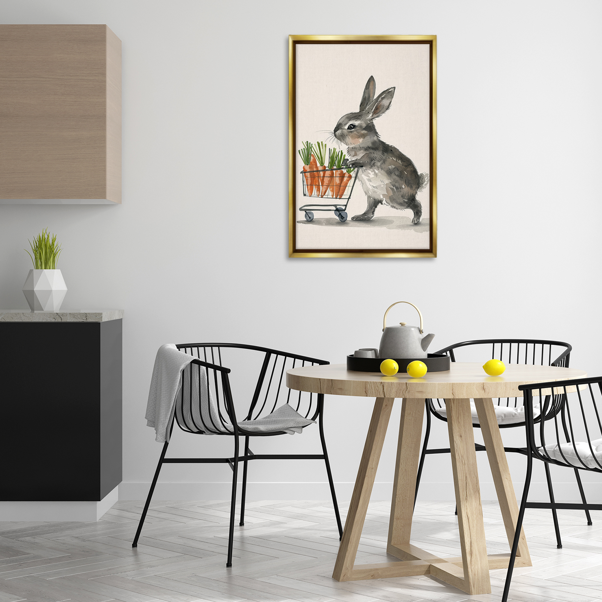 Bunny with Carrots Gold Floating Frame Canvas Art, 21 x 31, Made In USA