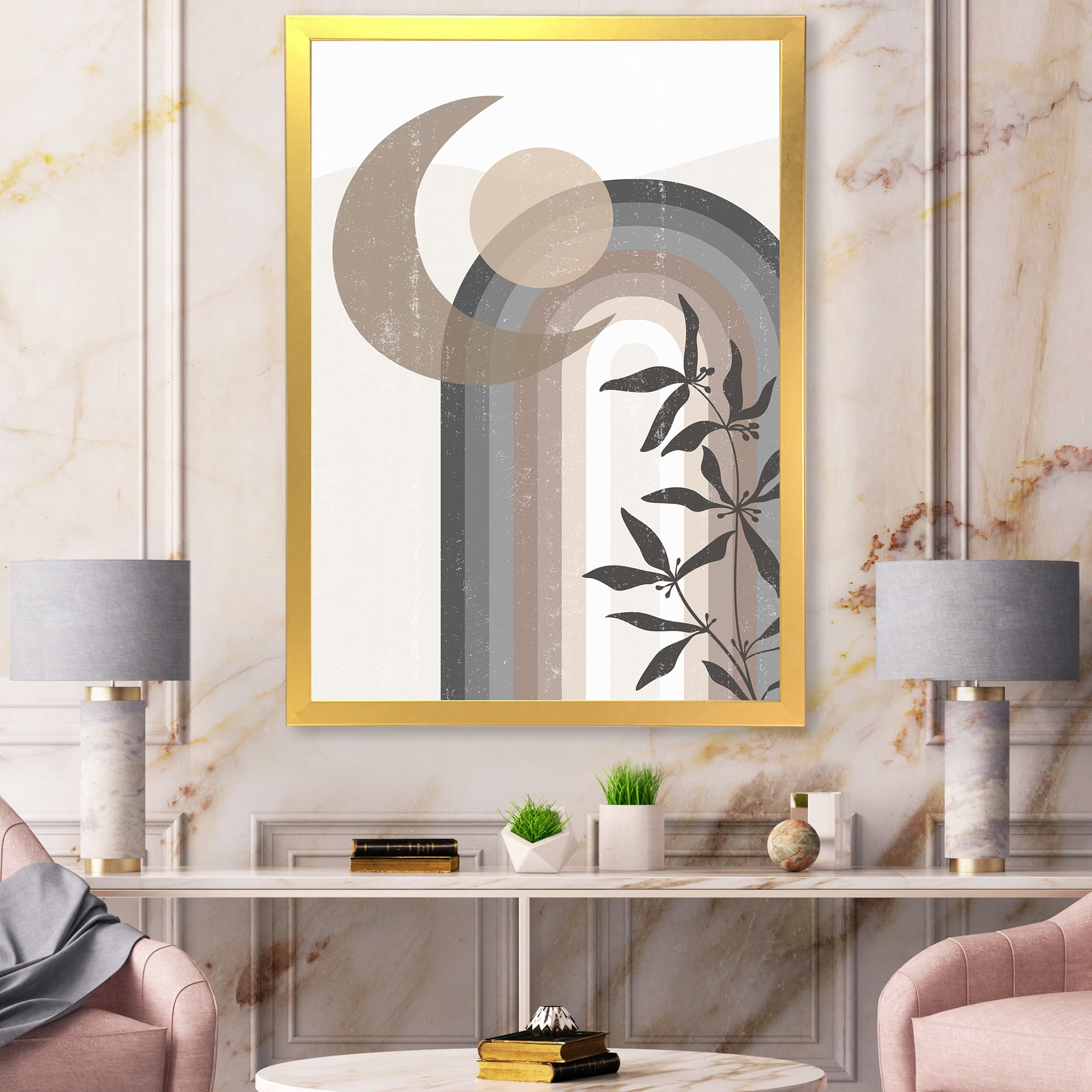 Designart 'Abstract Moon and Sun In Gray and Blue' Modern Framed Art Print