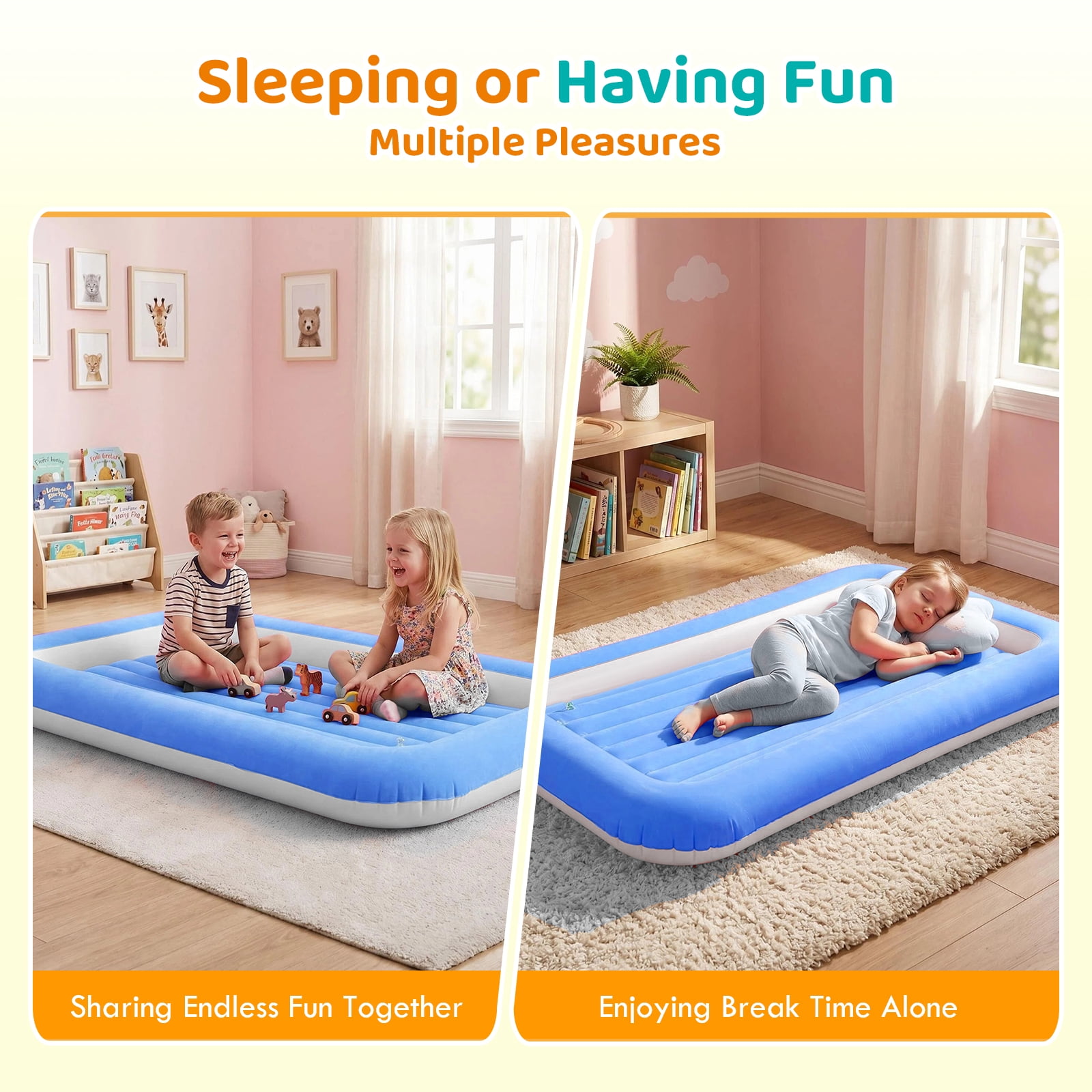 Honeydrill Travel Air Mattress Inflatable Air Bed Blow Up Mattress with Raised Sides, Blue