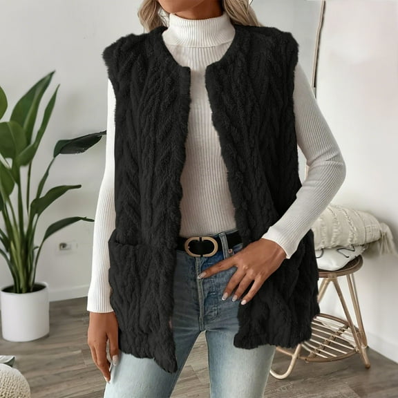 Homenesgenics Winter Clothes for Women Plus Size Women Double-sided Fleece Jacket Vest Cardigan Pocket Round Neck Sleeveless Coats Tops Black M