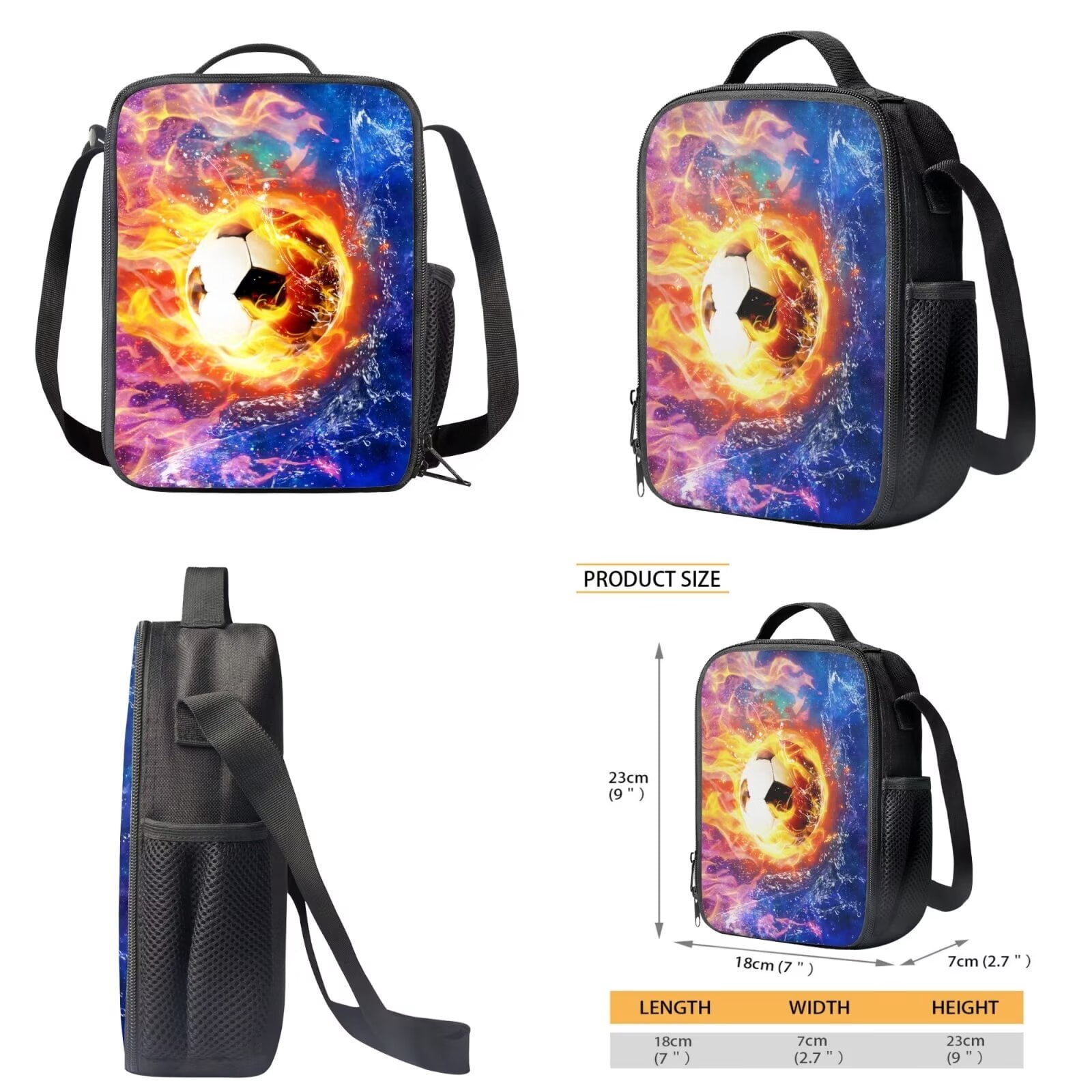 XYZCANDO Fire Soccer Splatter Water Print School Bag Set for Boys Girls, 17 Inch Backpack with Lunch Bag and Pencil Box Washable Rucksack Daypack with Side Pocket for Outdoor Hiking