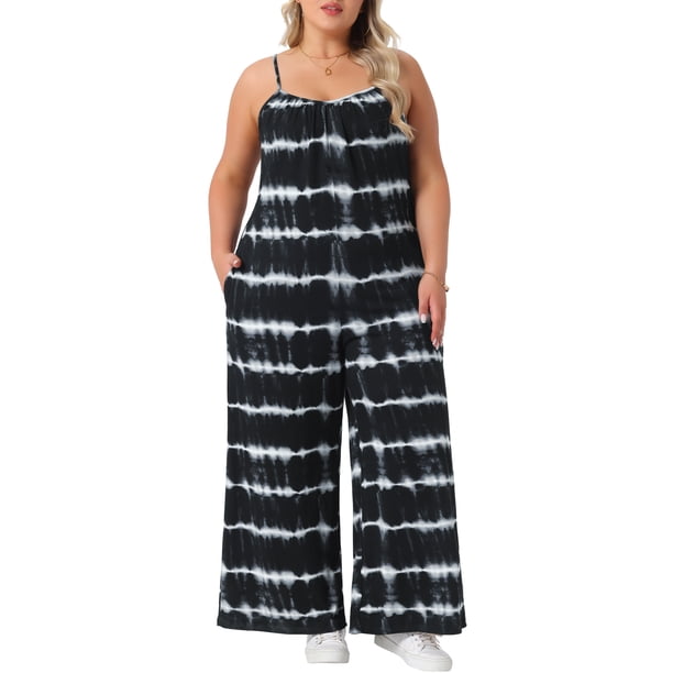GRACE & GRANDEUR Mono de mujer de talla grande, con tirantes ajustables, sin mangas, de pierna ancha, estilo casual de verano, pantalones largos, 1X negro