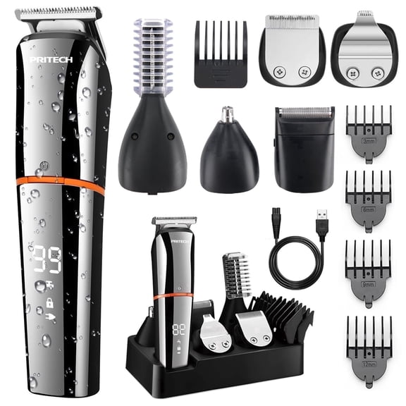 PRITECH Beard Trimmer for Men, All-in-One Hair Clippers Kit, Precision Cordless Grooming Set Waterproof IPX6 for Beard, Hair, Body, Nose, Ear, with Foil Razor (Silver)