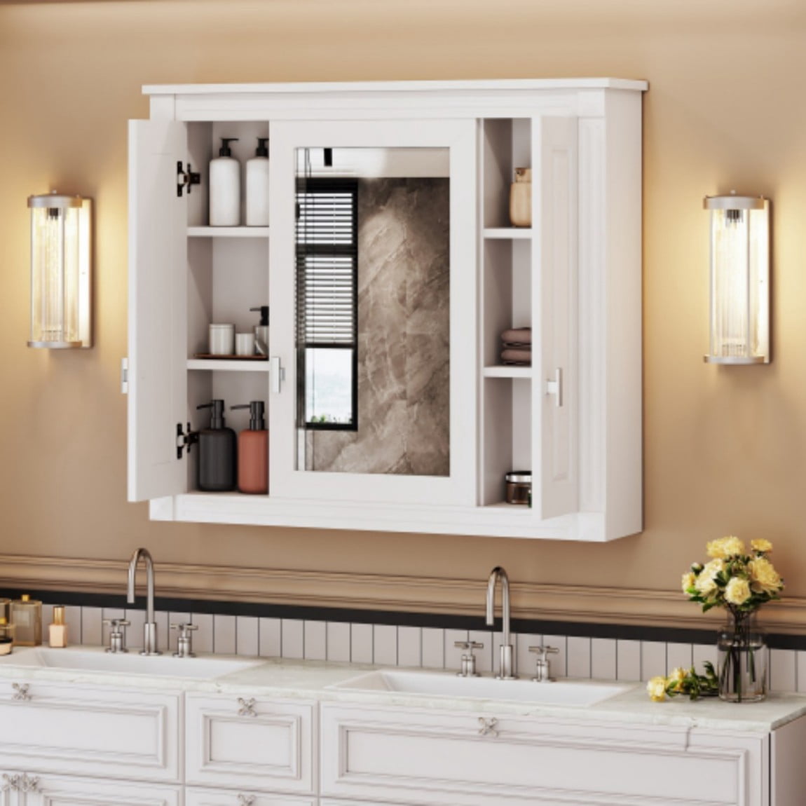 Bathroom Wall Cabinet with Mirror, Wall Mounted Medicine Cabinet with 5 Shelves, Over Toilet Storage Cabinet with Adjustable Shelves, Mirrored Door Bathroom Cabinet, White