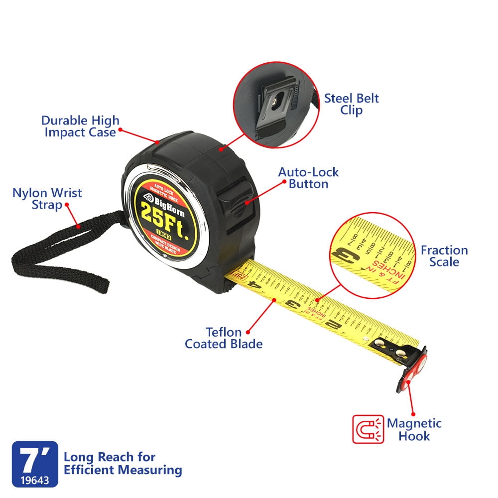Big Horn 19643-12Pk 25 Ft. Compact Auto Lock Tape Measure With Magnetic Hook - Pack of 12