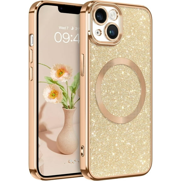for iPhone 14 Case, Phone Case for iPhone 14 Magnetic [Compatible with MagSafe] Luxury Clear Glitter Shockproof Protective Cover Full Camera Lens Protector Women Girls-Gold