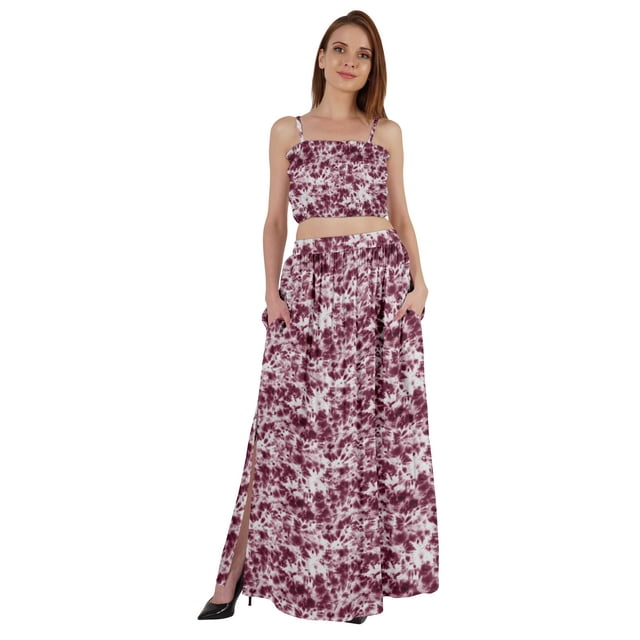 Bimba 2 Pcs Robe de Plage Aguichant pour Femmes Imprimée Smockée Crop Top & Longue Jupe Ensemble