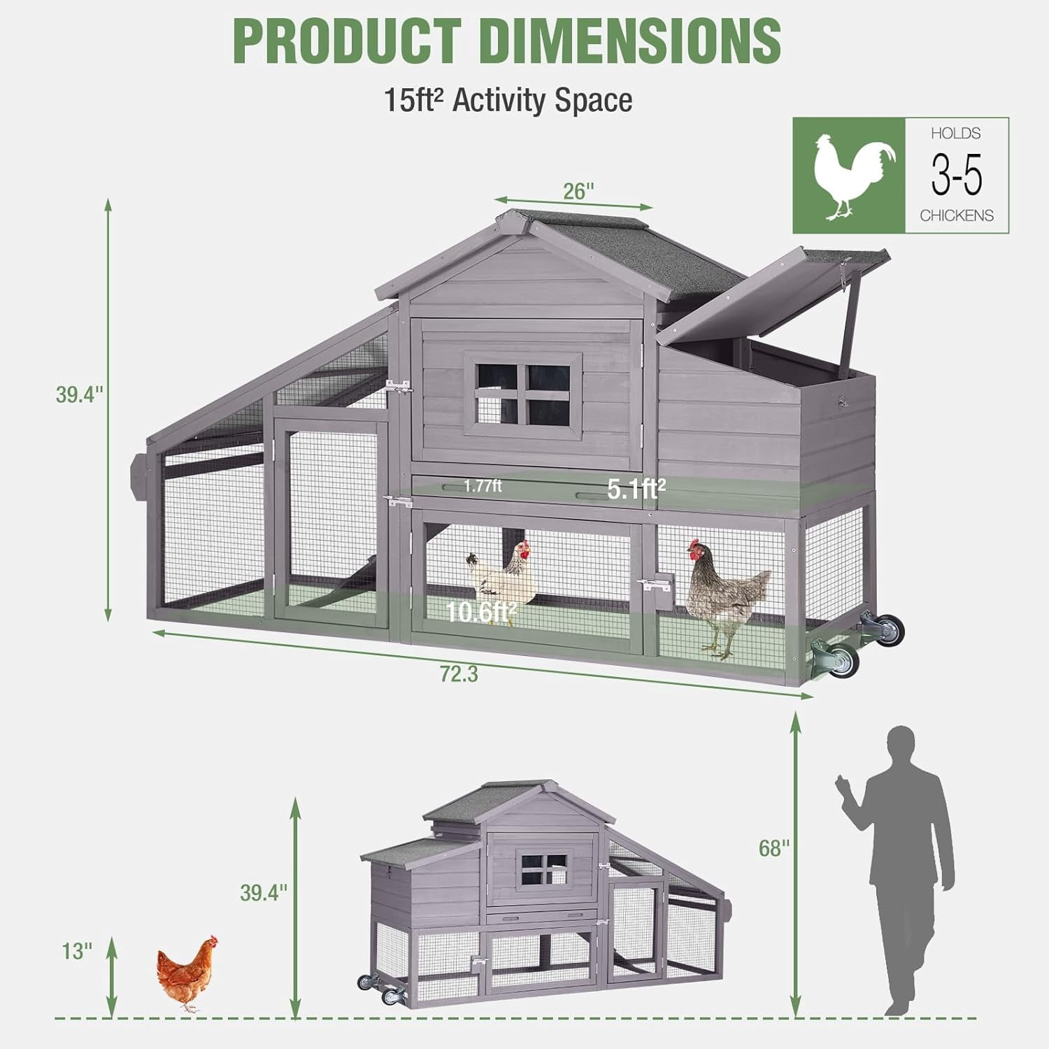 Aivituvin Chicken Coop for 2-4 Chickens with Wheels Outdoor Chicken House Mobile Large Poultry Cage Pull Out Tray No Leakage Red
