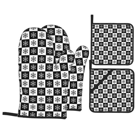 

Oven Mitts and Pot Holders 4 Piece Checkerboard With Snowflake 1 High Heat Slip Resistant Oven Mitt and Trivets Set Kitchen Oven Glove Pot Holders for Cooking Baking Grilling