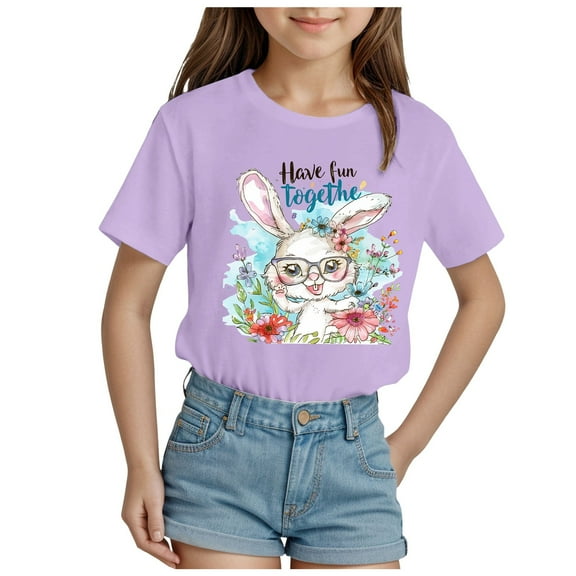 Tkrady Toddler Girls Summer New Easter Casual Cute Print Short Sleeve Crewneck T Shirt Tops, Sizes 1-14 Years