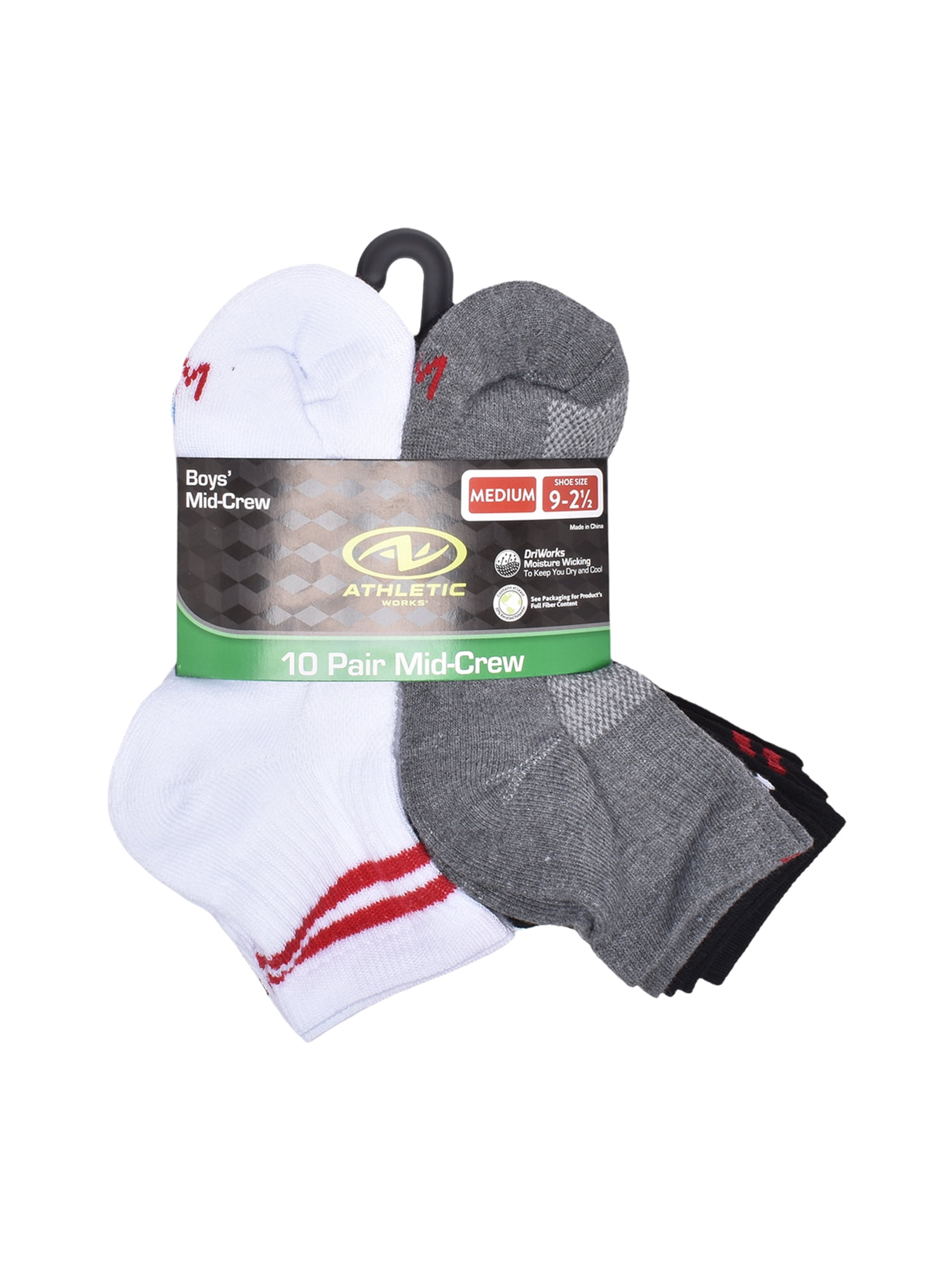 Athletic Works Boys Mid Crew Socks, 10 Pack, Sizes S-L
