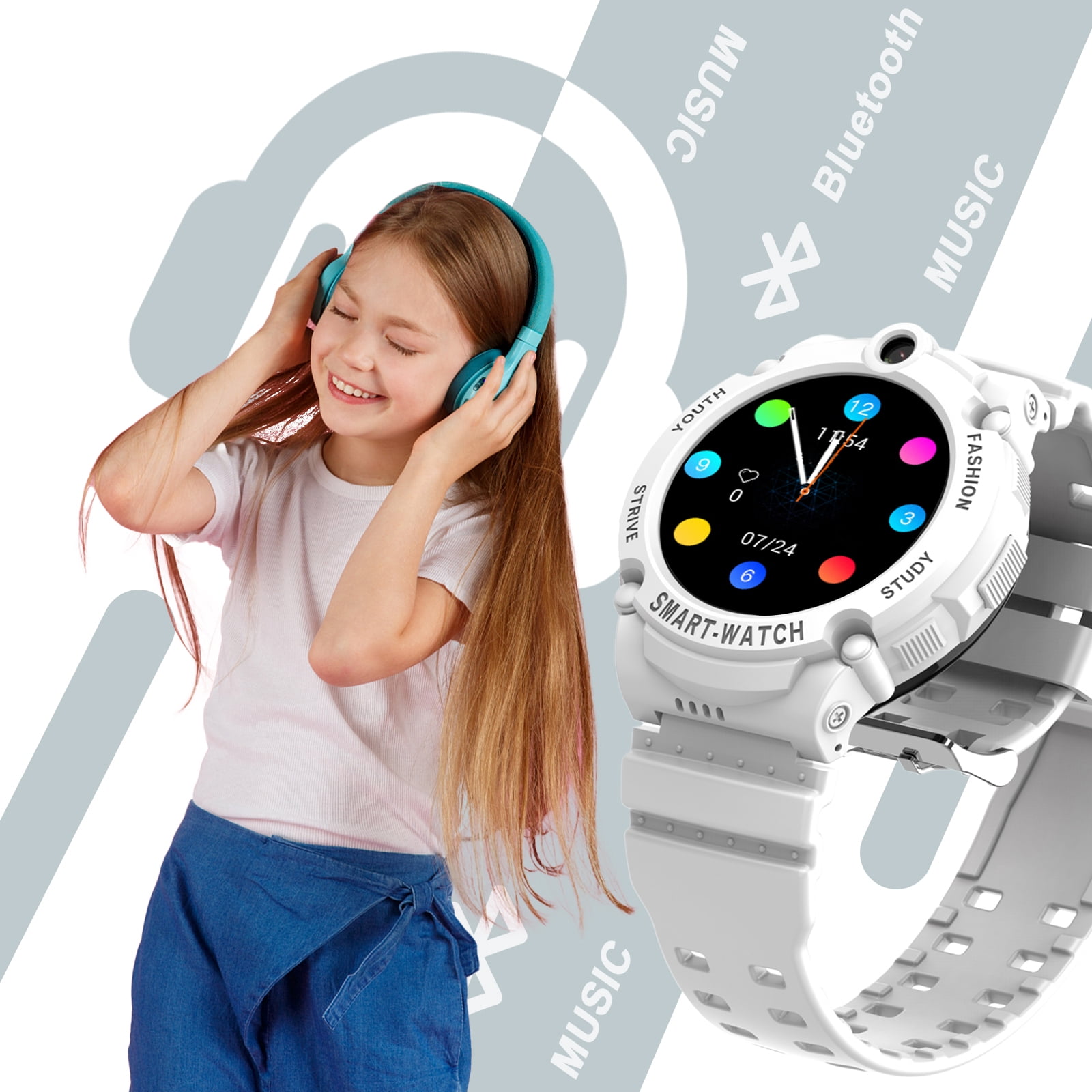 PTHTECHUS S02 Smart Watch for Boys Girls Smartwatch for Kids with 4G SIM GPS Video Call Pedometer MP3 Flashlights Calculator Alarm Clock Children Holiday Gift White