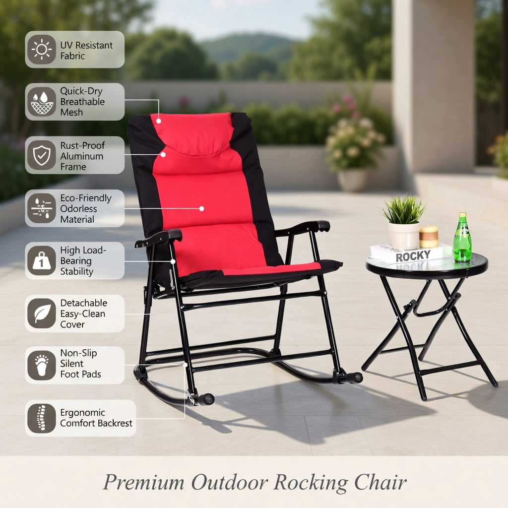 Hommoo 3-Piece Outdoor Folding Rocking Chair & Table Set with Cushions, Steel Frame, Tempered Glass Table, Portable Patio Furniture for Deck, Backyard, Camping, Red