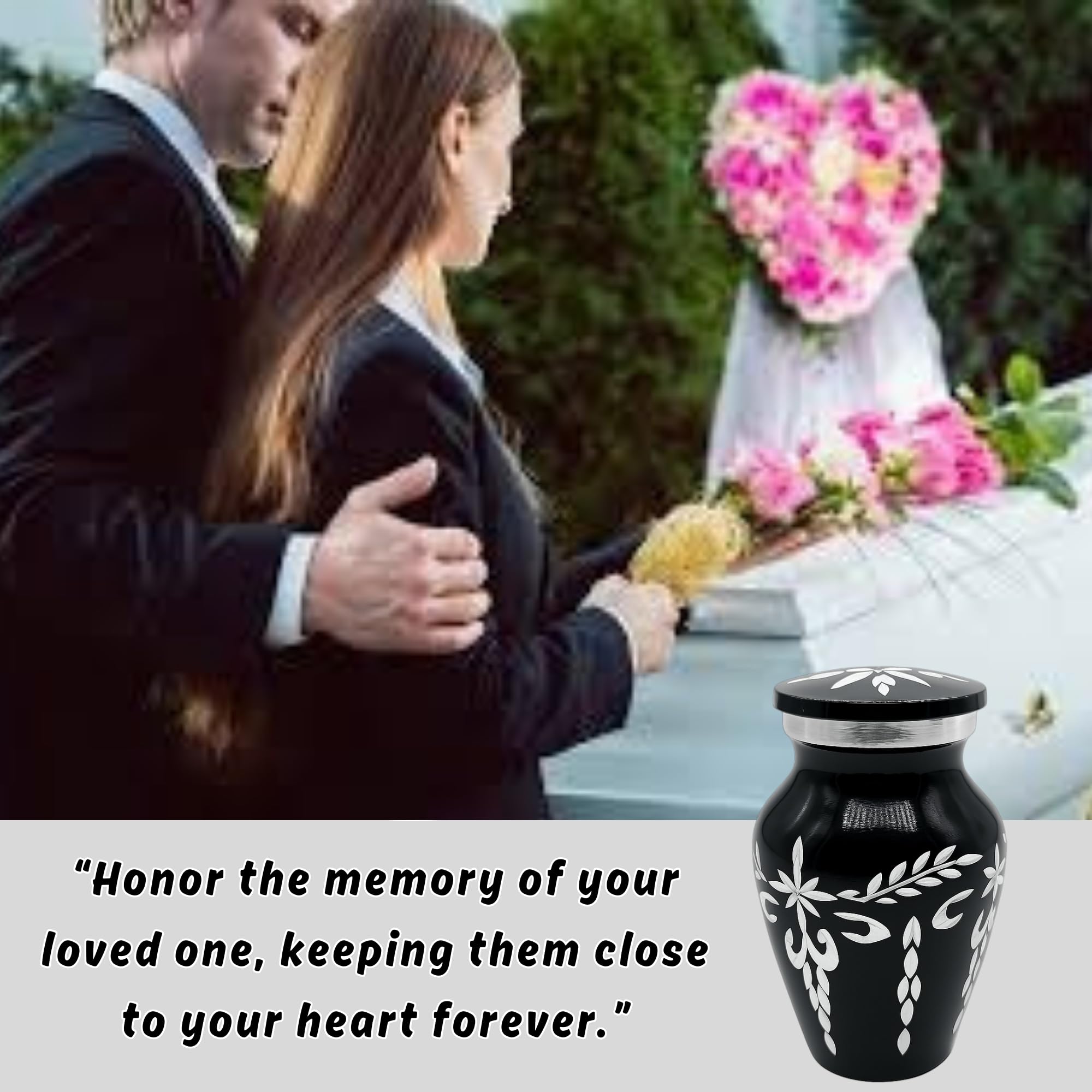Nova Niche Black Small Cremation Urn for Human Ashes – Handicrafted Memorial Keepsake with Velvet Box.(3"cu.in)
