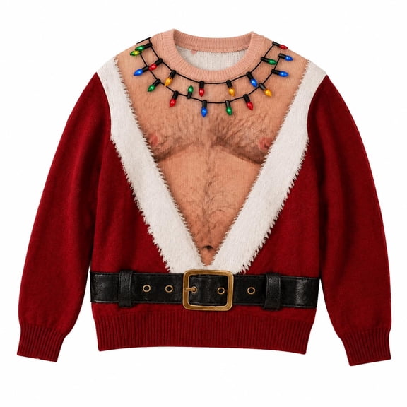 BZPIZ Funny Santa Chest Hair Ugly Christmas Sweater for Men Women, Unisex Christmas Crewneck Sweatshirt, Novelty Holiday Party Costume, M-4XL