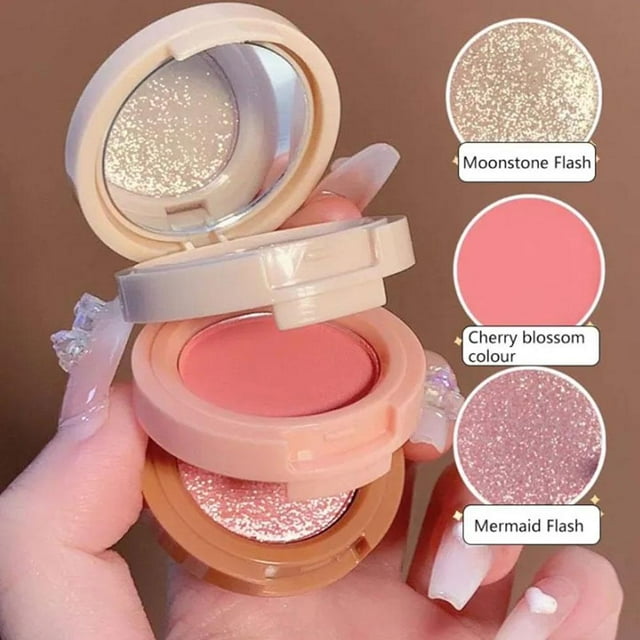 3-in-1 Matte Highlighter Blush Palette, Waterproof, Portable with Mirror, Universal Skin Type, 2 Color Options