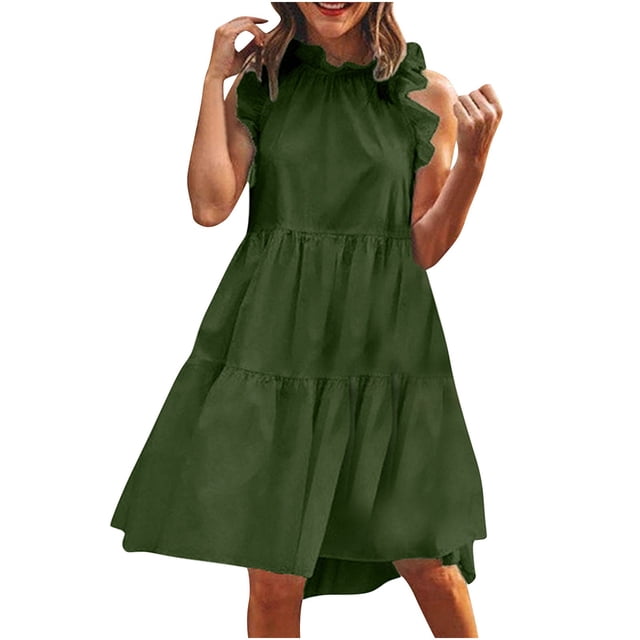 LOVZFMLL Robes d'Été pour Femmes Couleur Unie Mode Décontractée Col Montant Sans Manches Col Rond
