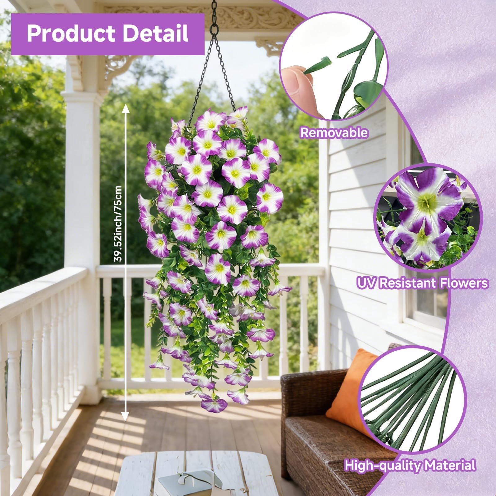 Artificial Hanging Flowers for Outdoors, 6 PCS Silk Morning Glory Artificial Flowers with Eucalyptus Leaves, UV Resistant Fake Flower Realistic Faux Plants for Home Patio Porch Garden0