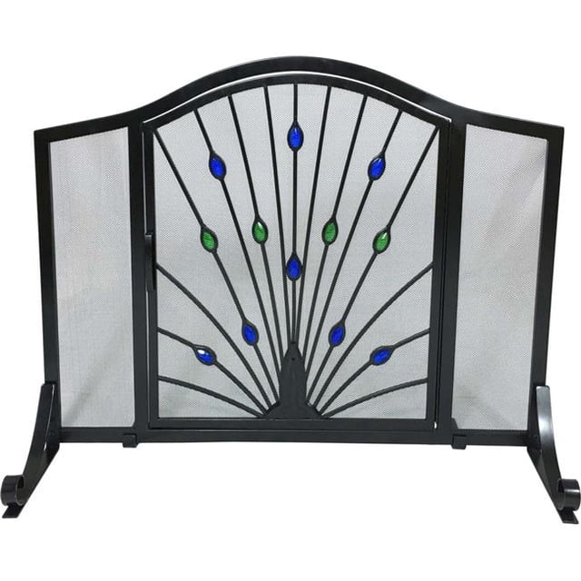 Écran Arqué en Fer Forgé Design Paon avec Porte, Noir, Vert & Bleu